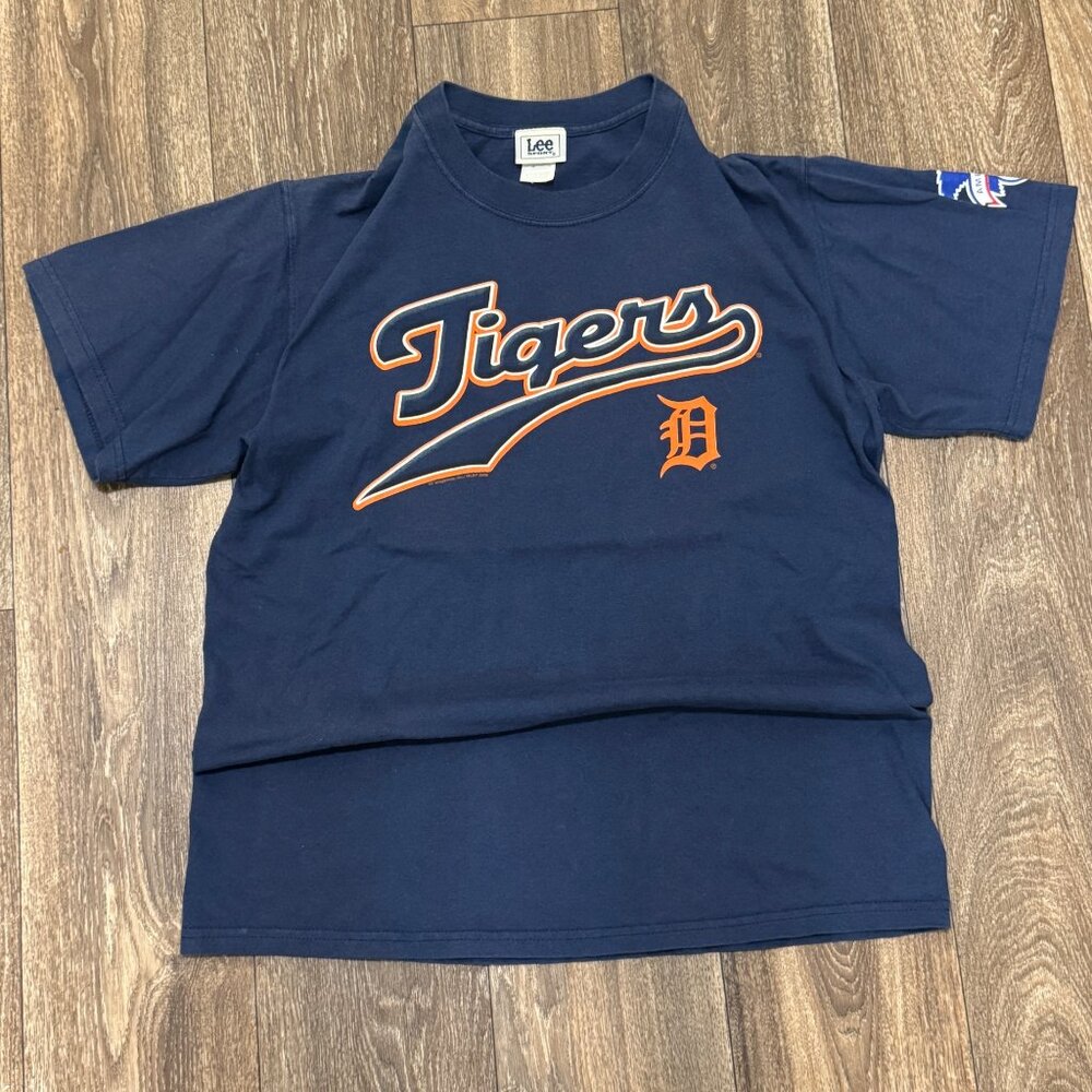 VTG Detroit Tigers Shirt Men's Medium Blue MLB Baseball Lee Sport Y2K 00s